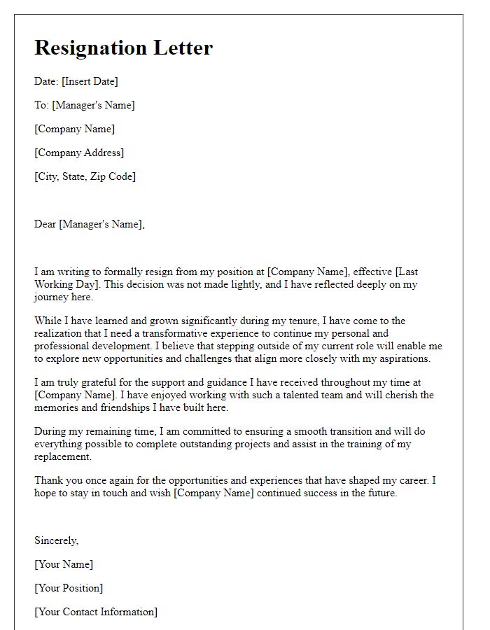 Letter template of resignation showcasing the need for a transformative experience