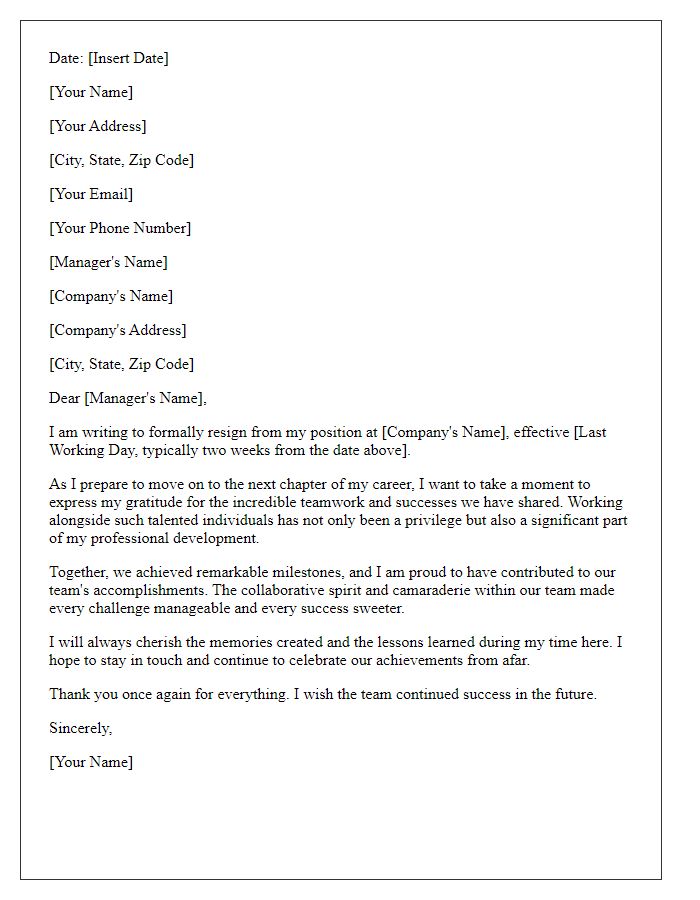 Letter template of resignation appreciating teamwork successes.