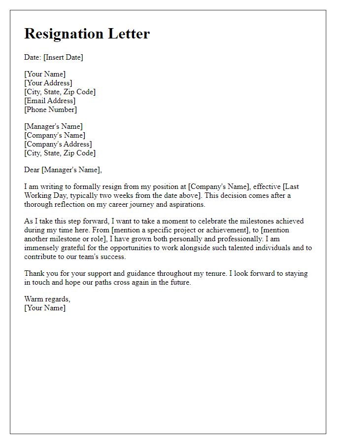 Letter template of resignation celebrating career milestones.