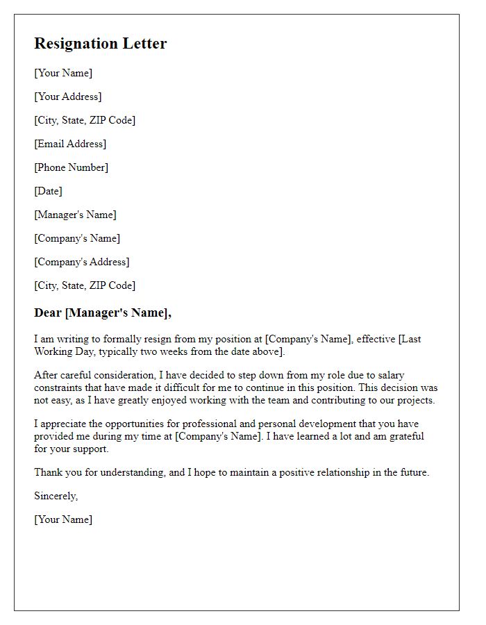 Letter template of resignation because of salary constraints.