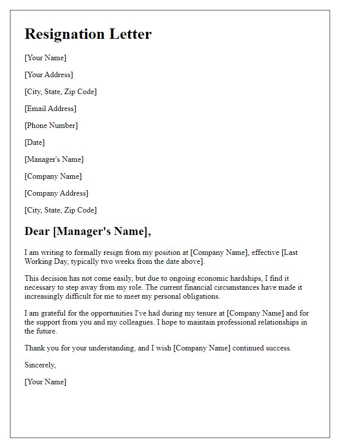 Letter template of resignation citing economic hardships.