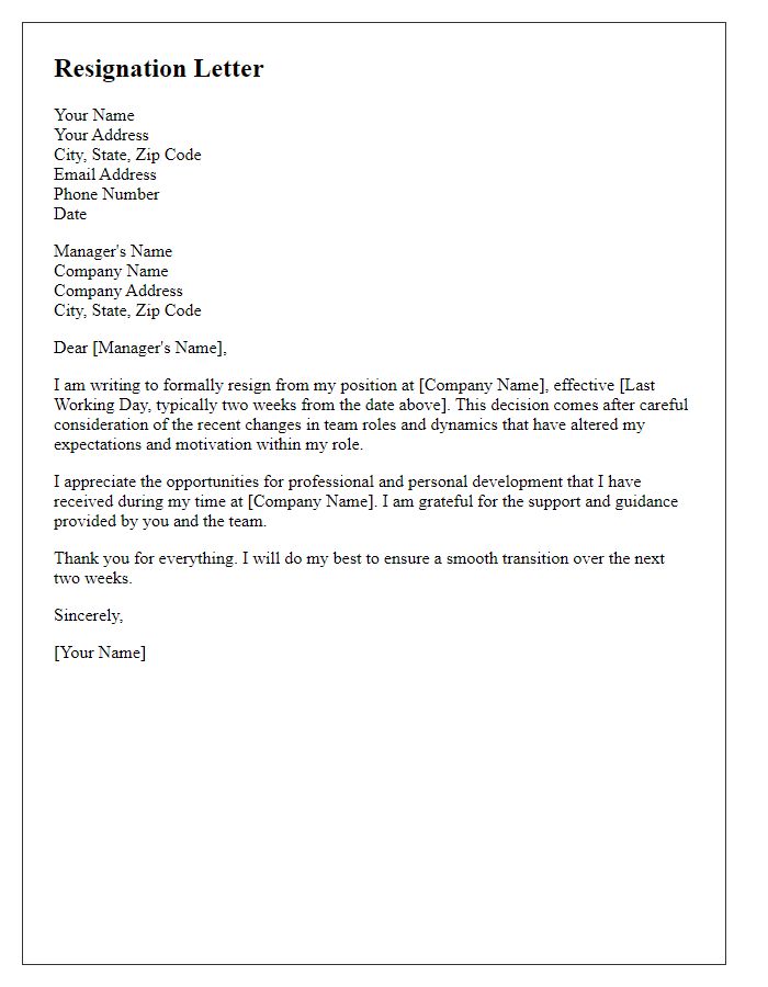 Letter template of resignation due to altered team roles