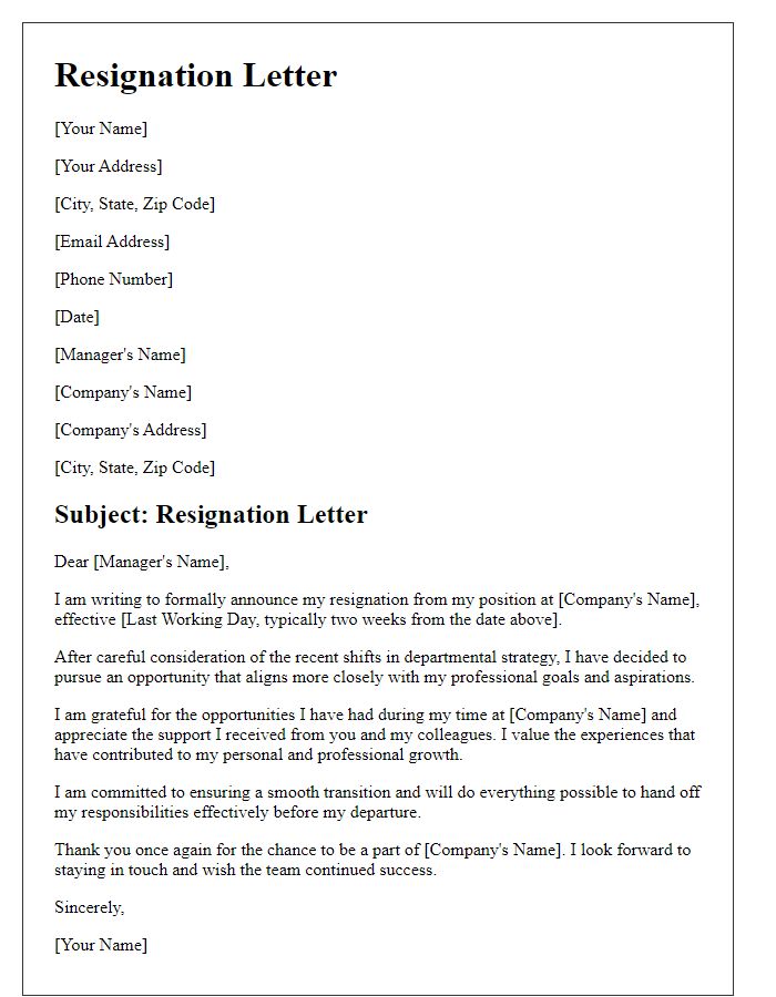 Letter template of resignation following shifts in departmental strategy