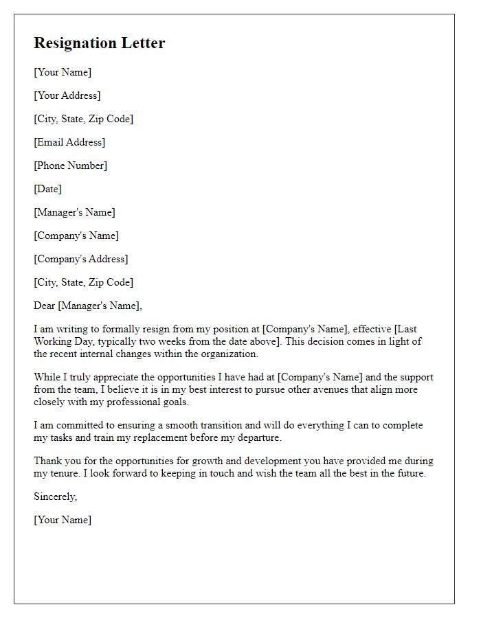 Letter template of resignation in response to internal changes