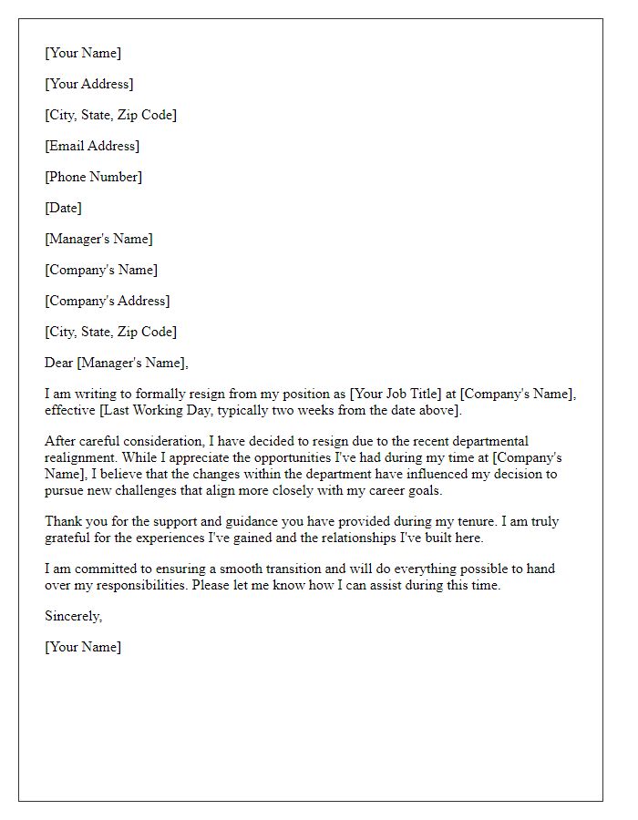 Letter template of resignation influenced by departmental realignment