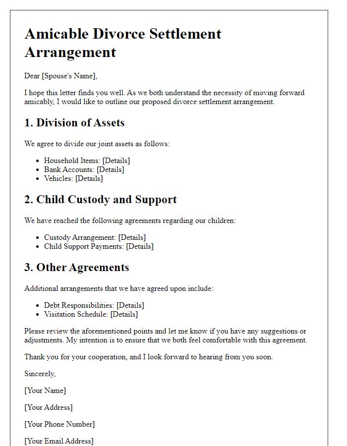 Letter template of amicable divorce settlement arrangement.