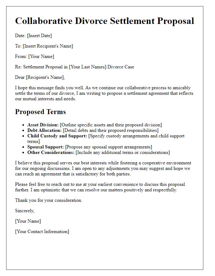 Letter template of collaborative divorce settlement proposal.