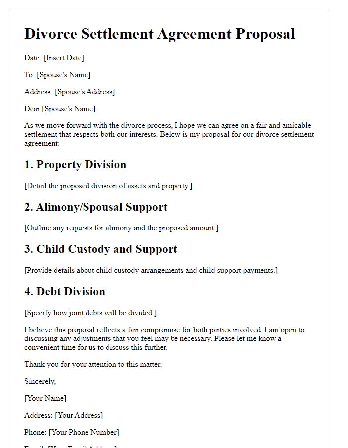 Letter template of divorce settlement agreement proposal.