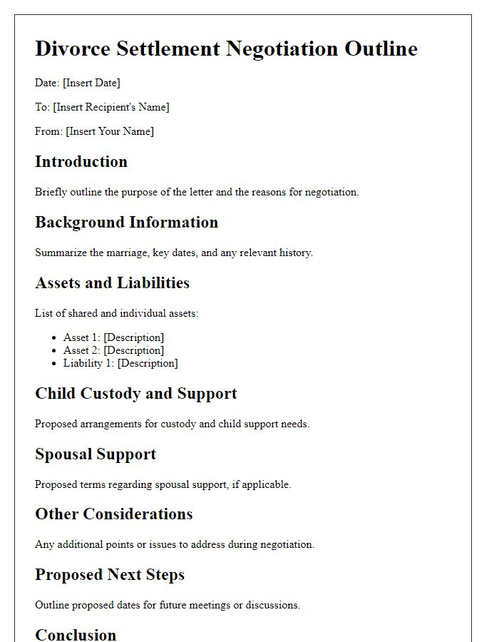 Letter template of divorce settlement negotiation outline.