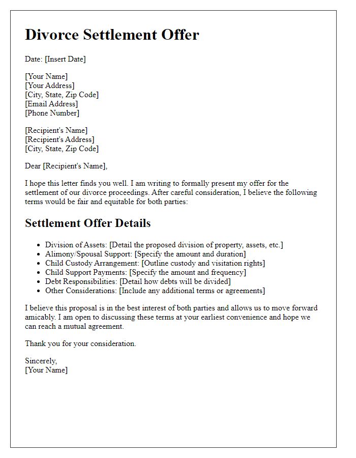 Letter template of divorce settlement offer details.