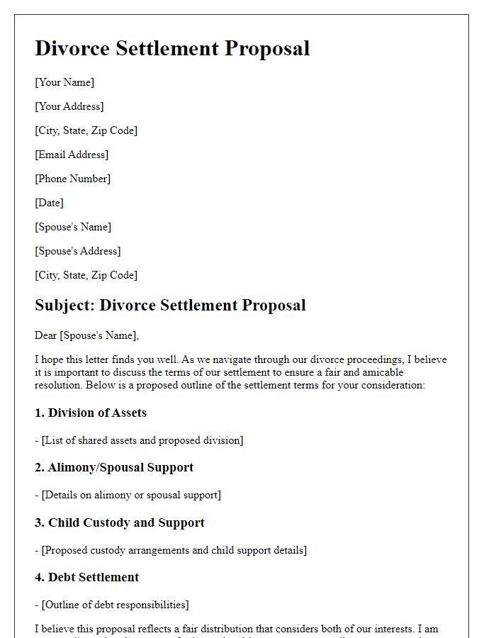 Letter template of draft for divorce settlement proposal.