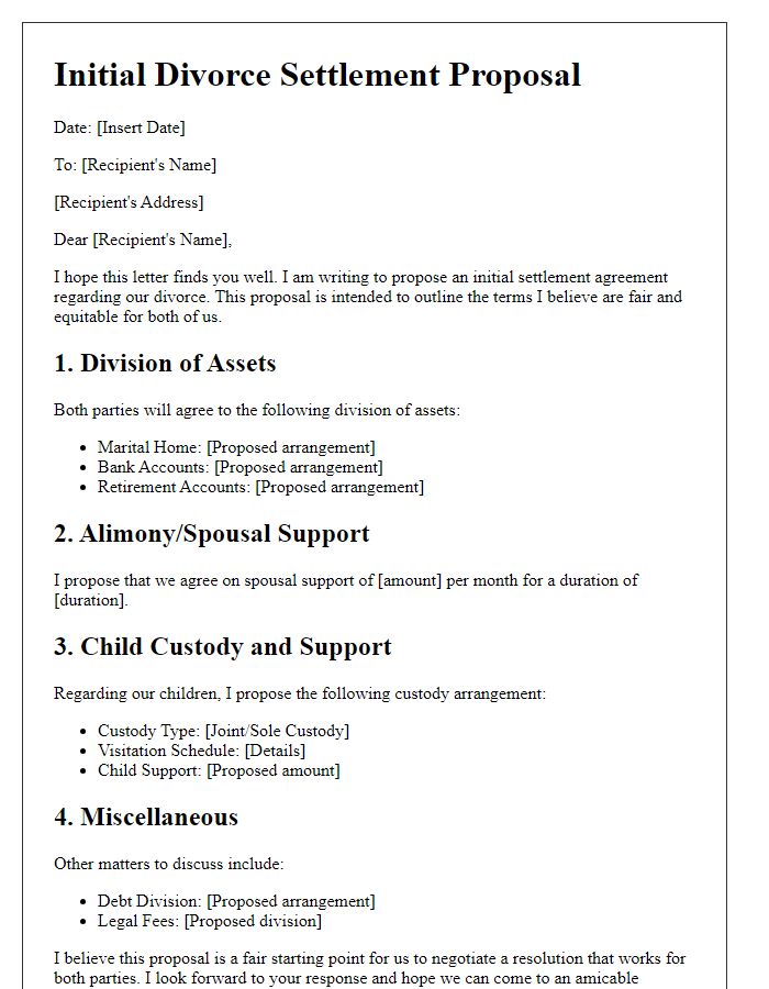 Letter template of initial divorce settlement proposal.