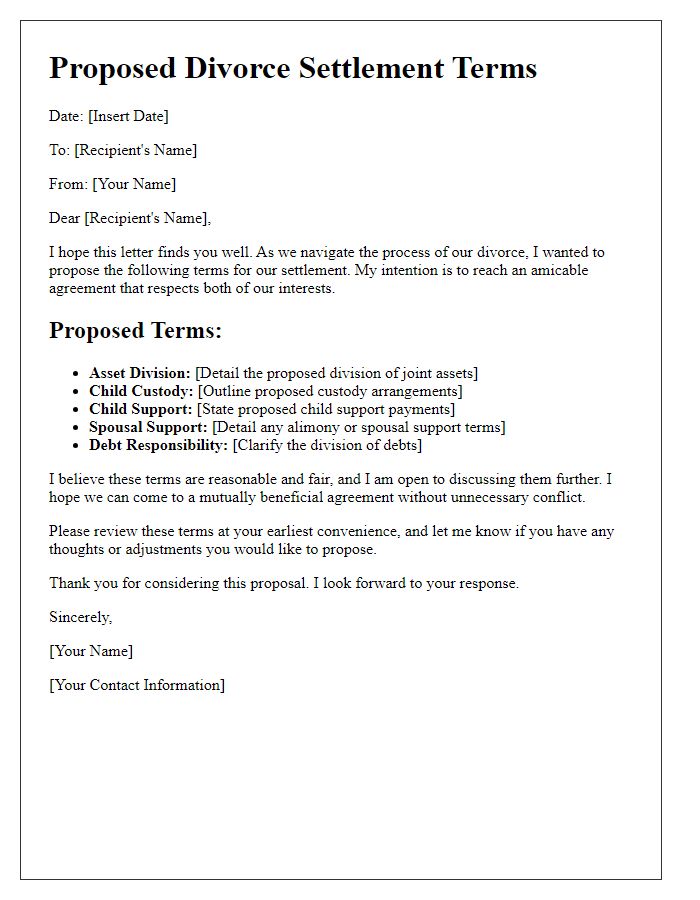 Letter template of proposed divorce settlement terms.