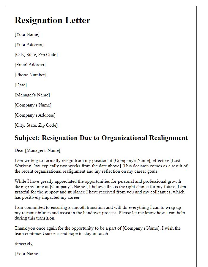 Letter template of resignation due to organizational realignment.