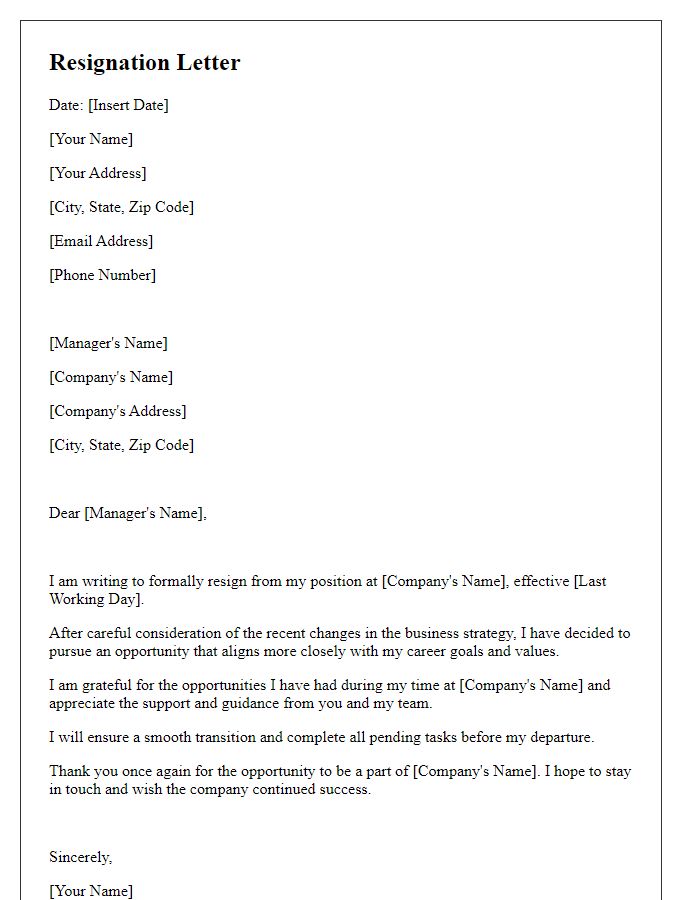 Letter template of resignation influenced by business strategy changes.