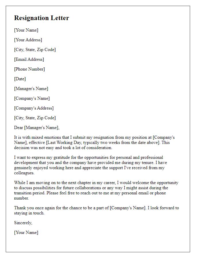 Letter template of resignation alongside an offer for future discussions.