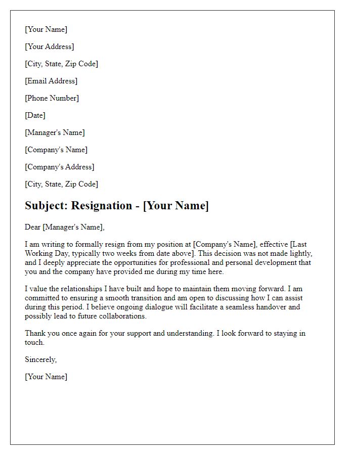 Letter template of resignation emphasizing continued dialogue.