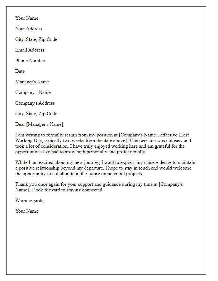 Letter template of resignation with a promise for future engagement.