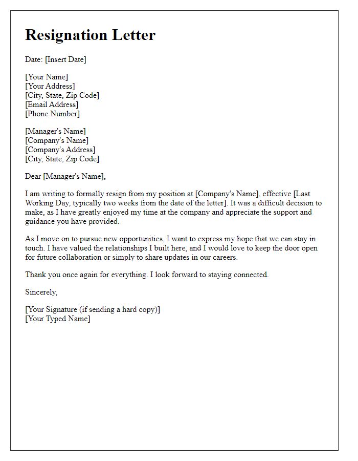 Letter template of resignation while committing to stay in touch.