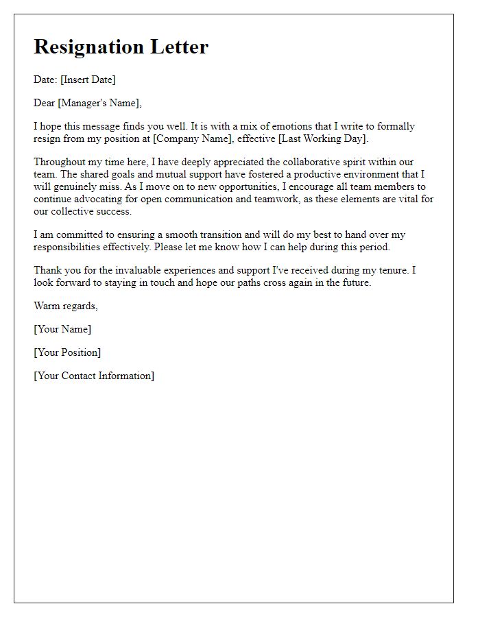 Letter template of resignation advocating for collaborative efforts within the team.