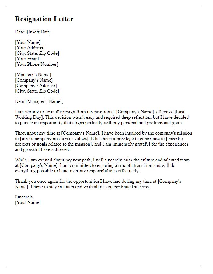 Letter template of resignation emphasizing alignment with company mission.