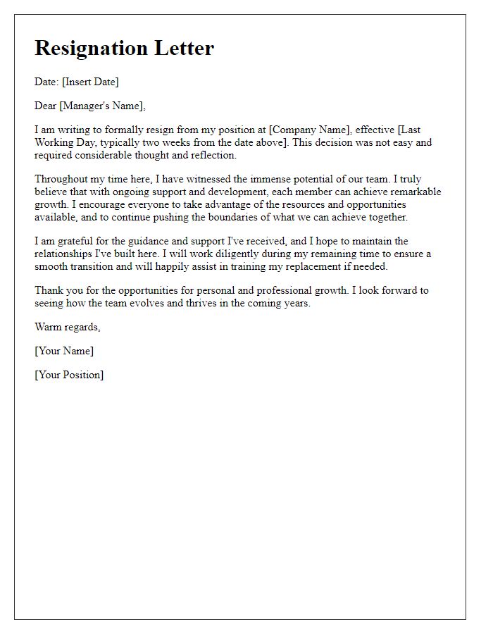 Letter template of resignation encouraging team growth and development.