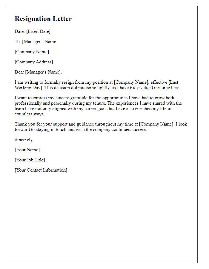 Letter template of resignation expressing gratitude for aligned experiences.