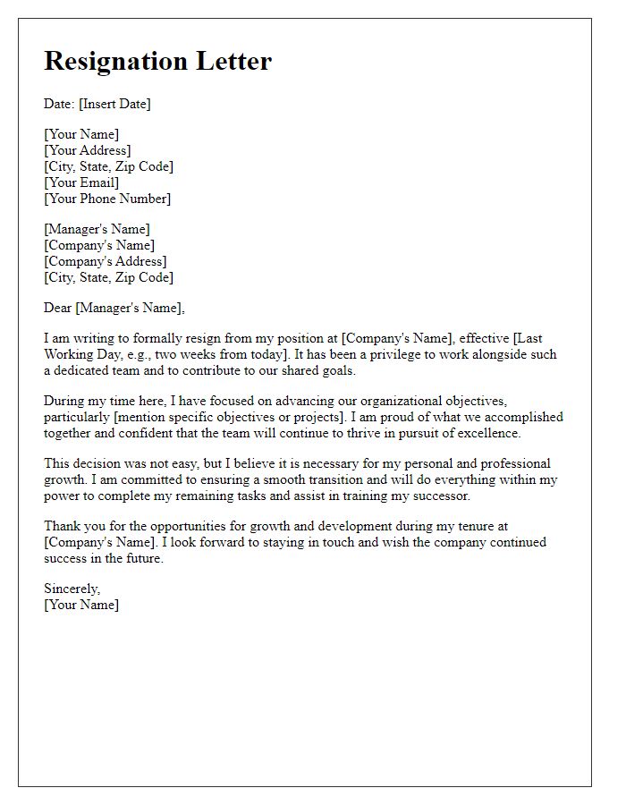 Letter template of resignation focused on advancing organizational objectives.