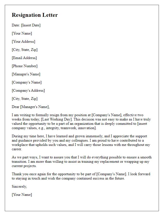 Letter template of resignation highlighting commitment to company values.