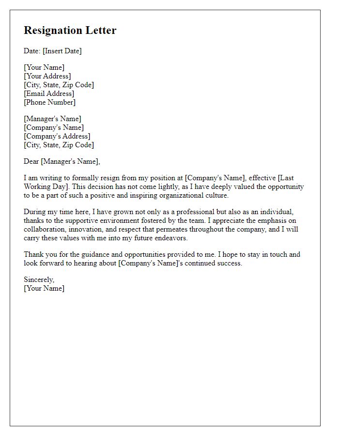 Letter template of resignation showcasing dedication to organizational culture.