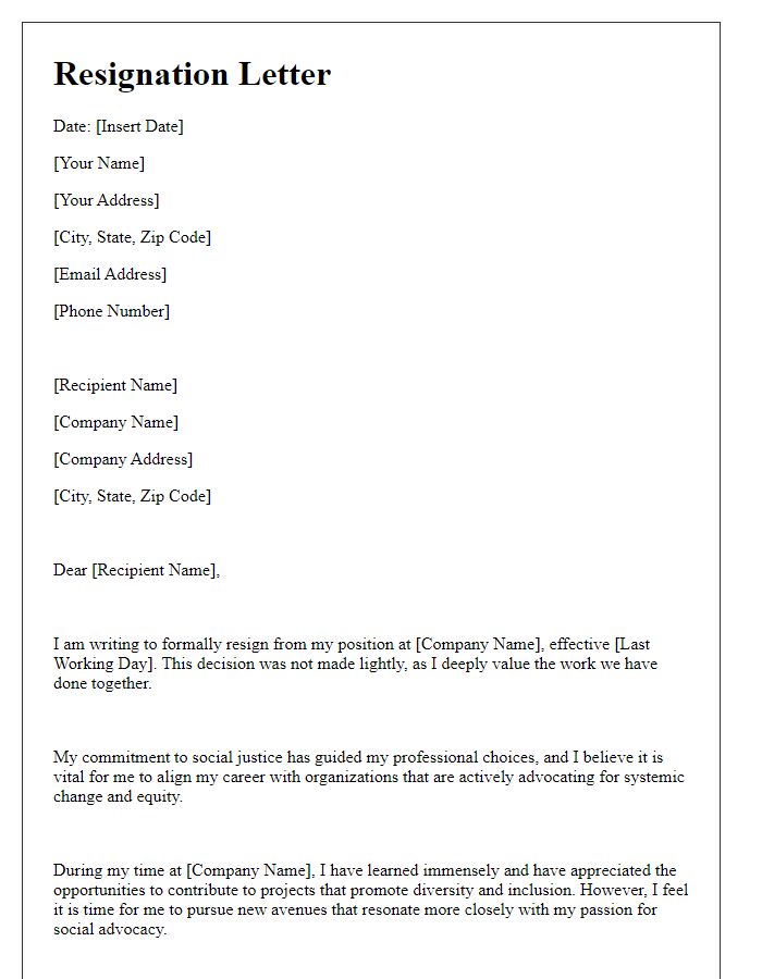 Letter template of resignation addressing social justice commitments.