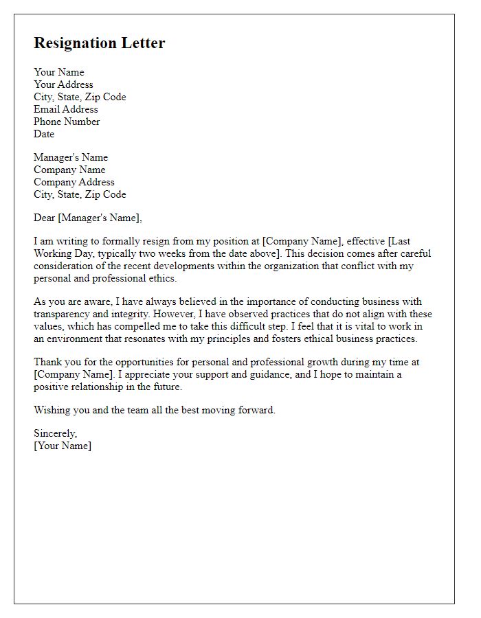 Letter template of resignation driven by ethical business practices.