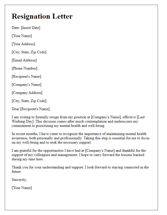 Letter template of resignation in favor of mental health awareness.