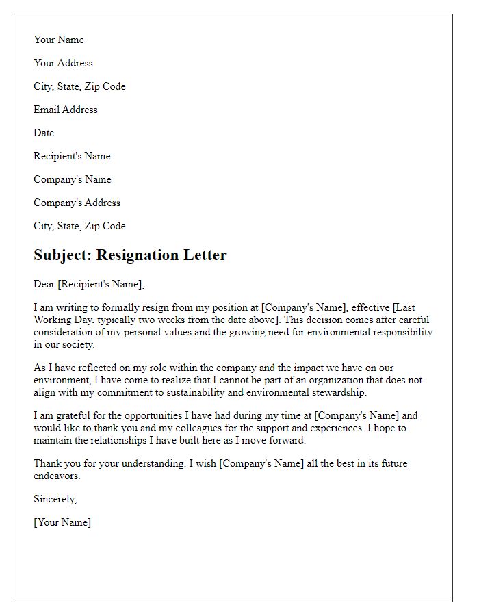 Letter template of resignation in response to environmental responsibility.