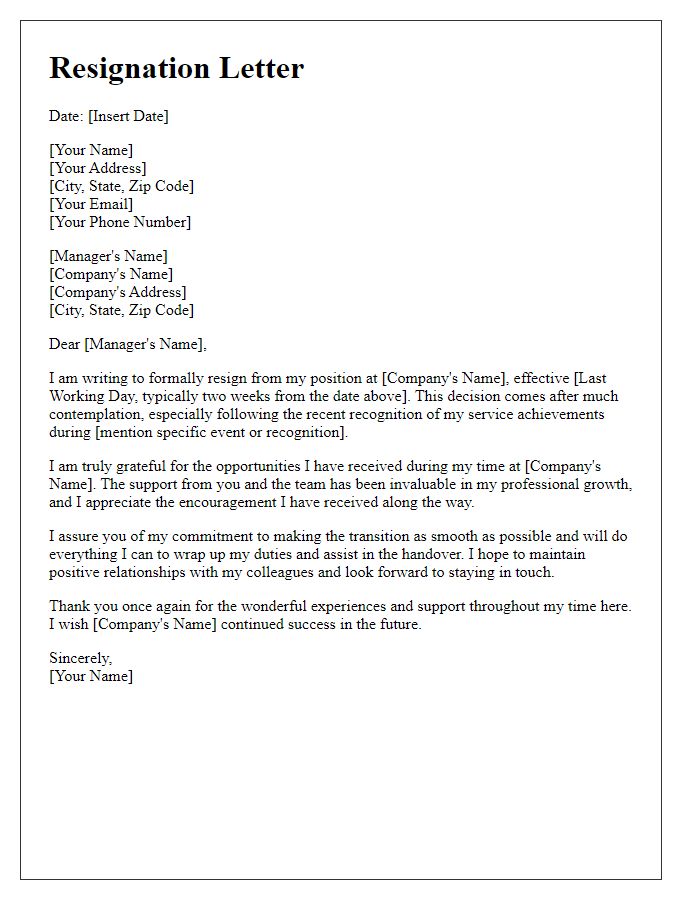 Letter template of resignation after being honored for service achievements