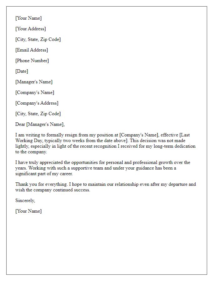 Letter template of resignation after being recognized for long-term dedication