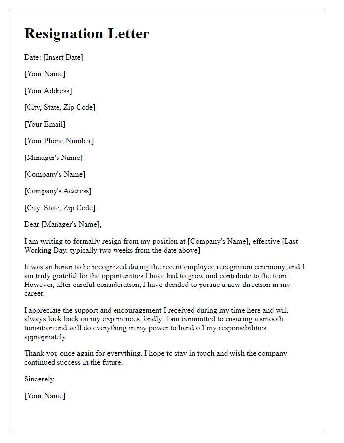 Letter template of resignation following an employee recognition ceremony