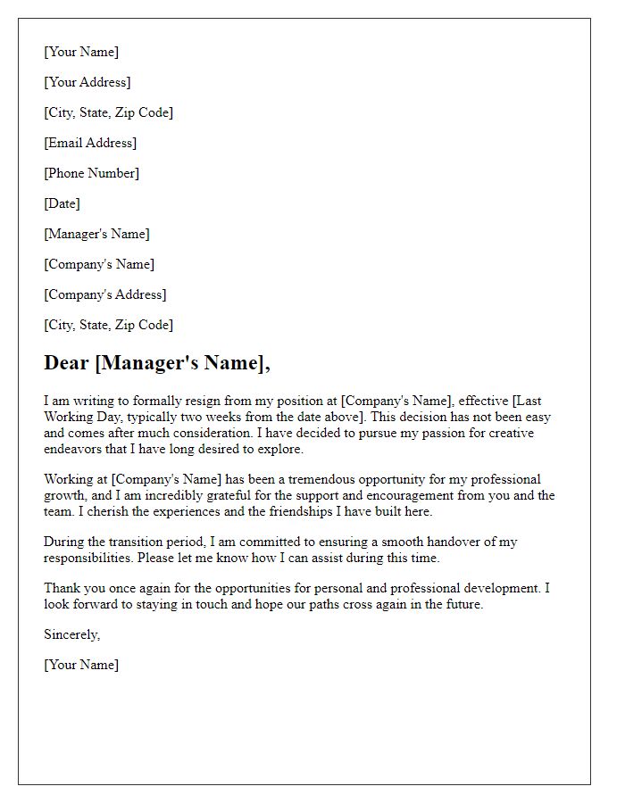 Letter template of resignation aimed at exploring creative pursuits.