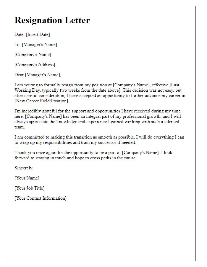 Letter template of resignation highlighting new career opportunities.