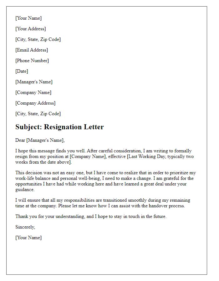 Letter template of resignation prioritizing work-life balance goals.