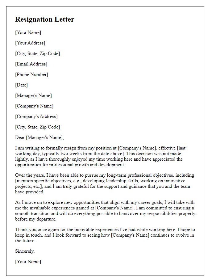 Letter template of resignation reflecting on long-term professional objectives.