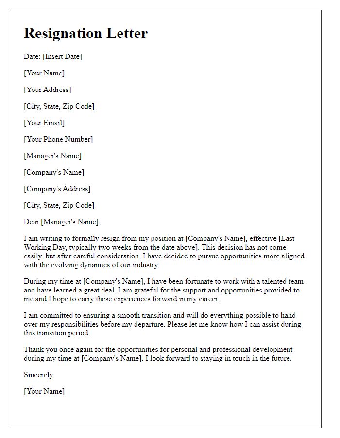 Letter template of resignation because of evolving industry dynamics.