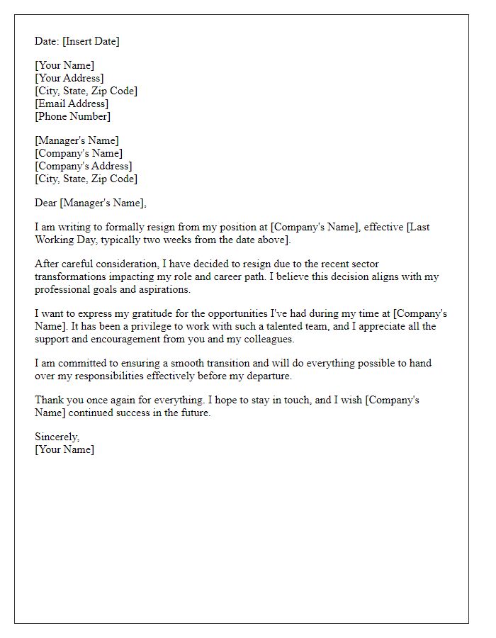 Letter template of resignation due to sector transformation.