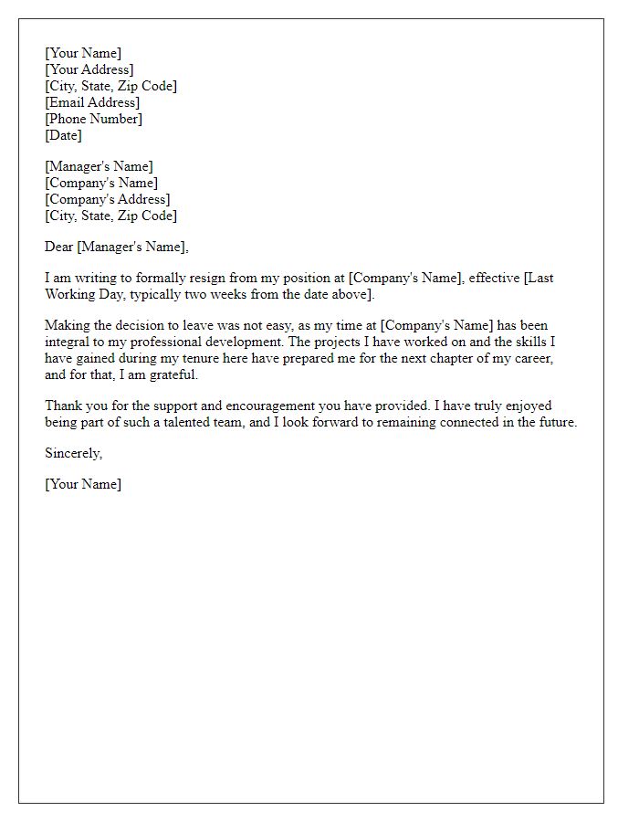 Letter template of resignation emphasizing professional development gained.