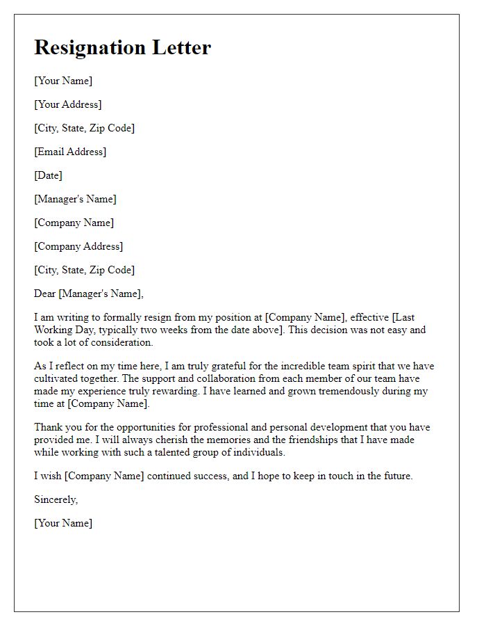 Letter template of resignation expressing gratitude for team spirit.