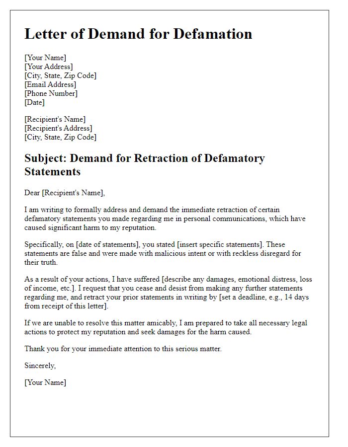 Letter template of defamation lawsuit demand for statements made in personal communications.