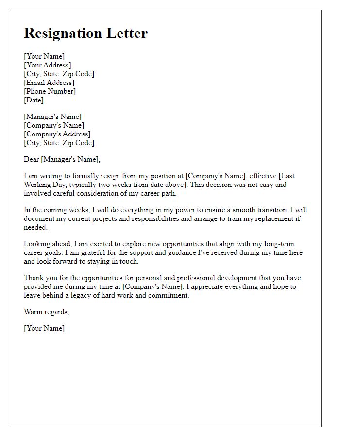 Letter template of resignation detailing next steps in professional journey.