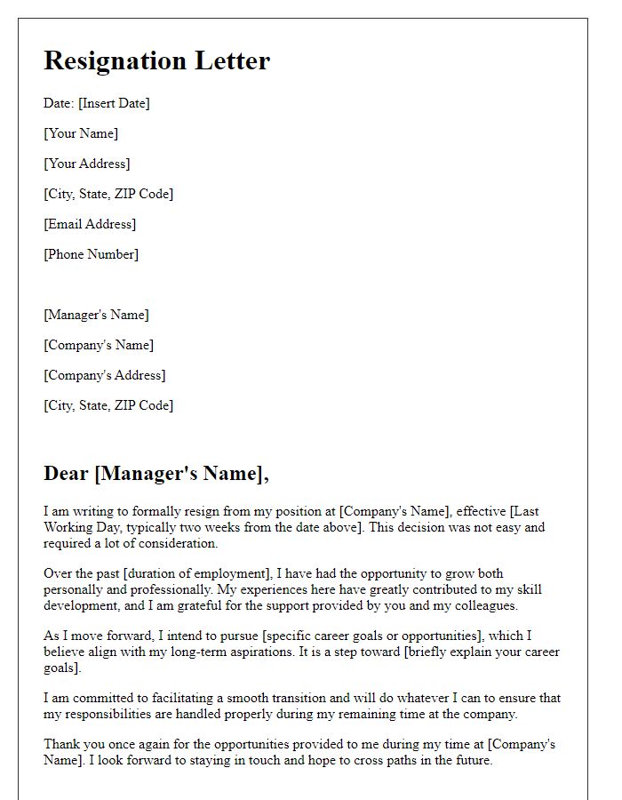 Letter template of resignation highlighting career goals.