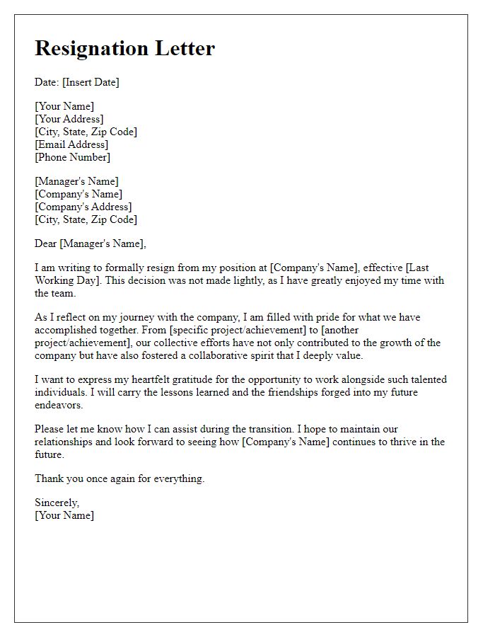 Letter template of resignation celebrating collective accomplishments.