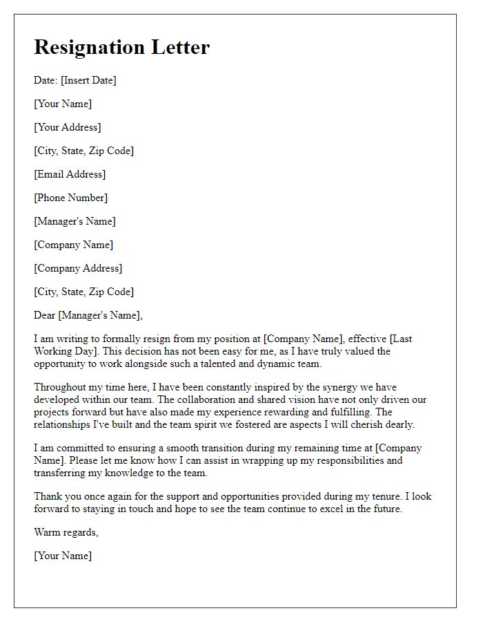 Letter template of resignation with emphasis on team synergy.